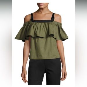50% OFF New Jason Wu Grey Ruffled Cold-Shoulder Cotton Poplin Top Green